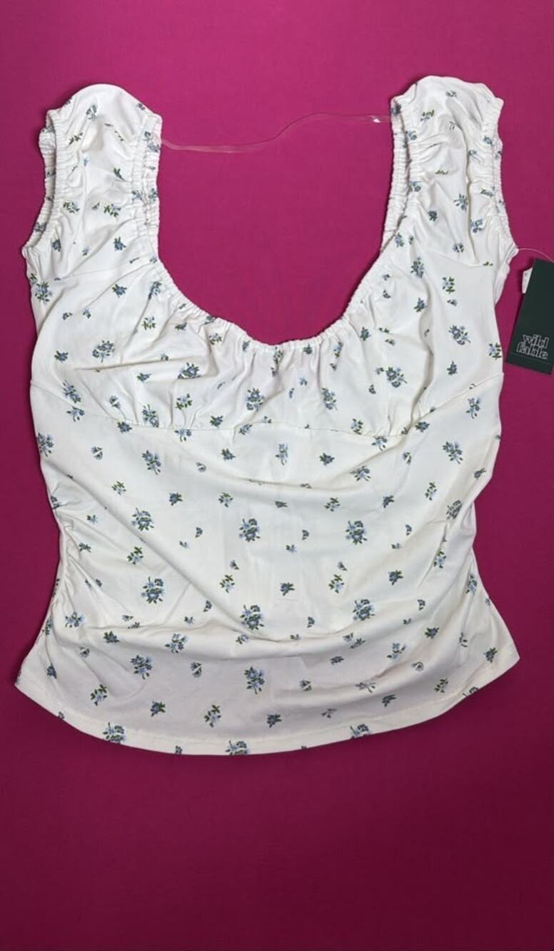 Wild Fable White Blue Floral Ruched Top Size L Square Neck Cottagecore New